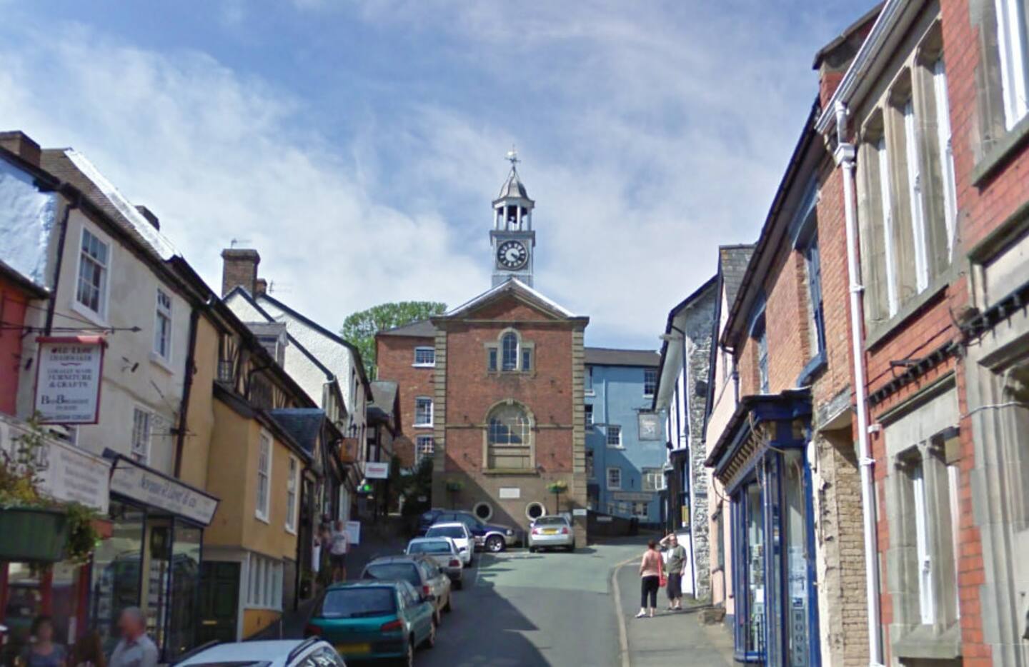 Bishops Castle town center with clock tower